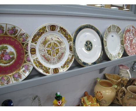 Royal Crown Derby 'Red Aves' and 'Green Derby Panel' Dinner Plates, Doulton 'Carlyle', Limoges and Spode plates. (5)