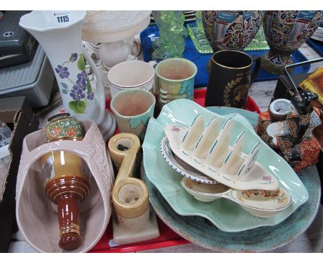 Crown Devon Art Deco Twin Branch Candlestick, streaked dish, vases, Govancraft pottery basket, commemorative mugs etc:- One T