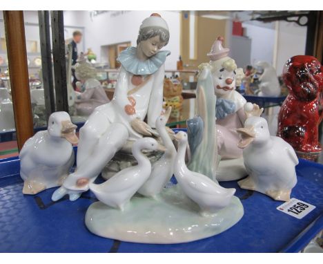 Nao Pottery Pierrot, Clown and Three Bird Groups. (5)