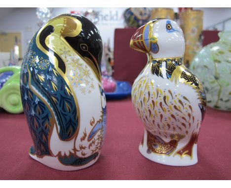 Royal Crown Derby Paperweights, 'Penguin and Chick' signed by Hugh Gibson, and 'Puffin', both 1st quality. (2)