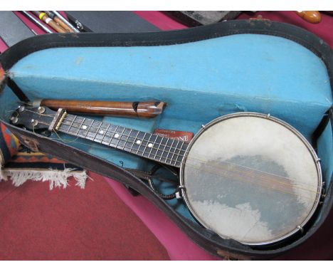 Apollo Banjo, tuner, recorder (cracked), Horner truetone pitch pipe, all in case.