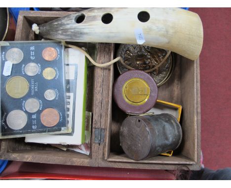 Coinage, Banknotes, Casio Calculator, Surveyors Measure, horn, etc in a wooden box