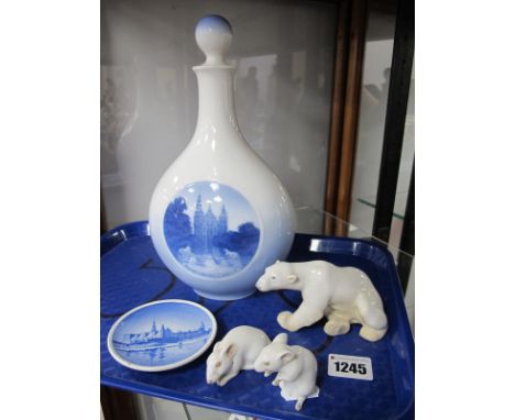 Royal Copenhagen Rosenborg Castle Flask, 4378, B &amp; G Polar Bear, no. 4122, two Rosenthal white mice, pin tray:- One Tray