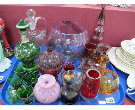 A c.1950's Green Glass Liqueur Decanter and Six Tots, with silvered Venetian gondola scenes, Whitefriars amber controlled bub