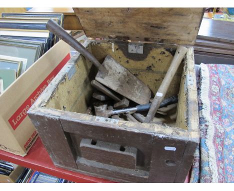 A Folding Ruler, axe, other tools in wooden box.