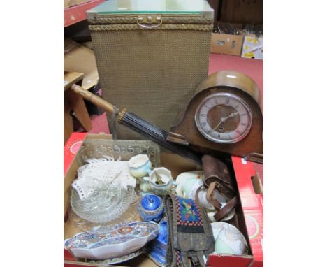 Bentima Mantel Clock, belt, parasol, Ensign camera, ceramics, etc:- One Box and Linen Box
