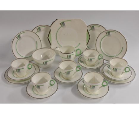 A Shelley Oxford shaped Bands and Lines pattern tea service, for six, comprising six cups, saucers and side plates, two bread