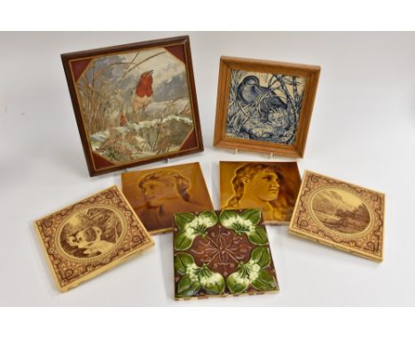 Two  Mintons China Works  dust pressed titles, with landscapes within circular cartouches, in tan and buff, 15.5cm square;   