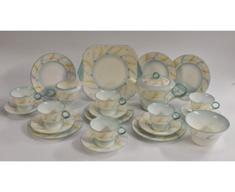 A Shelley Art Deco Regent shape tea service for six, comprising teacups,  saucers, tea plates, teapot and cover, milk jug and