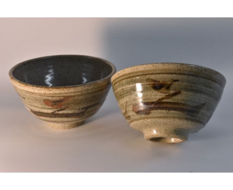 Leach Pottery St Ives  - an associated pair of bowls in the manner of Bernard Leach, painted with a band of stylised swimming
