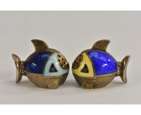 A Norwegian enamelled 925 silver novelty two piece cruet set, Salt & Pepper, each modelled as Fish, light and dark blue bodie