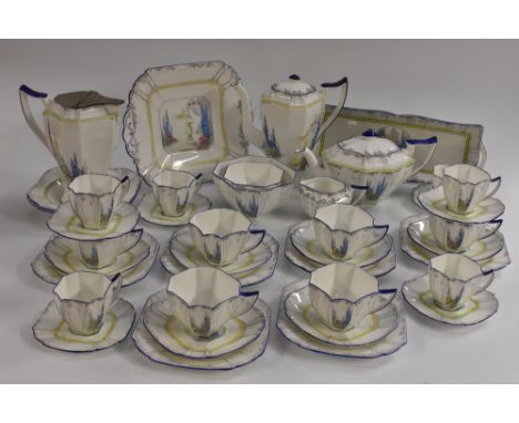 A Shelley My Garden pattern Queen Anne shape tea and coffee set, printed and painted with tall trees, blue hollyhocks, summer