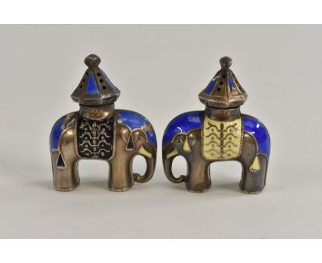 A Norwegian enamelled 925 silver novelty two piece cruet set, Salt & Pepper, each modelled as standing Elephants, light and d