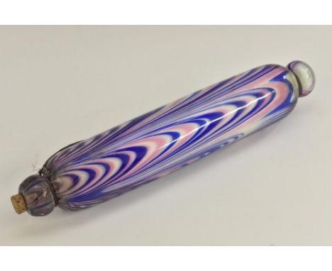 A Nailsea glass rolling pin, combed in pink, blue and white, 33cm long, c.1880