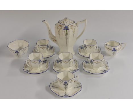 A Shelley Queen Anne Blue Iris pattern coffee service, for six comprising coffee pot, cream jug, sugar bowl, six cups and sau