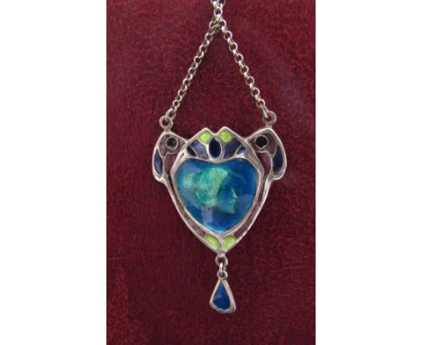 An Art Nouveau style silver enamel pendant with pinched chain, depicting an Edwardian maiden, 36cm chain, 4cm pendant