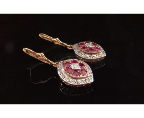 A pair of Ciaran O'Flynn gold and ruby diamond cluster drop earrings, stamped 375, 3.3cm long, 4.1g