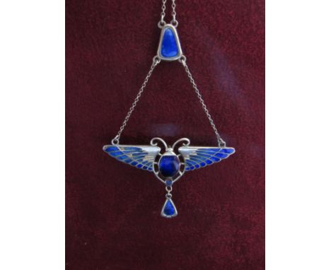 A Charles Horner silver and enamelled winged scarab pendant necklace, some enamel loss to wings, 4.5cm wide, chain 40cm long,