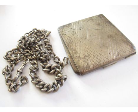 A silver powder compact and a silver watch chain