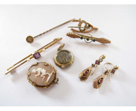 A gold bar brooch with amethyst and seed pearls stamped 9ct, two 9ct brooches, pair of ruby drop earrings, cameo of Bacchus, 