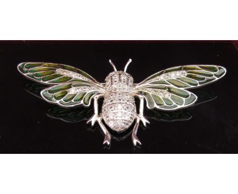 An art nouveau revival large bug brooch, marked 925 with plique-a-jour enamel wings, crystal set body and gem set eyes, 10cm 