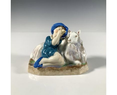 A glossy figure of a boy dressed in a blue outfit laying on a sheep while blowing a horn. Part of the Nursery Rhyme series. R