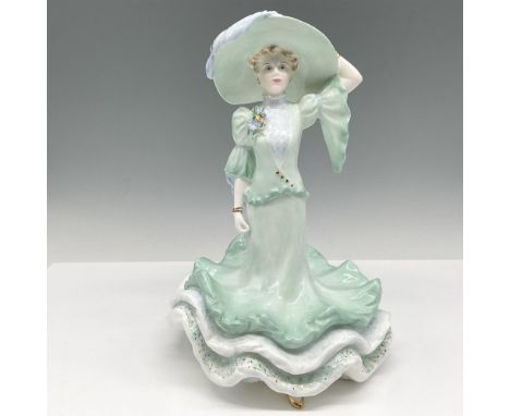 Stunning porcelain figure depicts a lady elegantly dressed in a light green gown with exquisite low ruffles and matching hat.