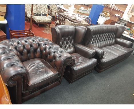 3 PIECE BROWN LEATHER BUTTON BACK SUITE
