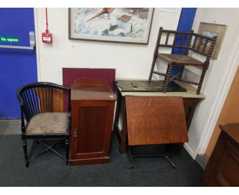 QUANTITY OF FURNITURE TO INCLUDE TRAYS, CHAIR TABLE, BEDSIDE LOCKER AND BOBBIN CHAIR 