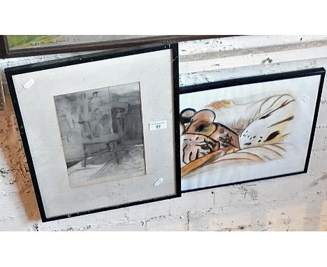 Pencil sketch of a pub chair by W.T. Griffiths and an abstract watercolour