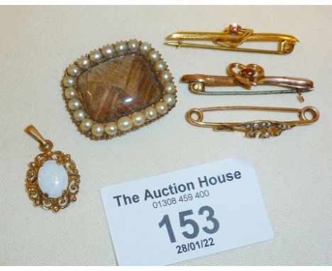 Georgian gold mourning brooch set with pearls and hairwork panel, 9ct gold and opal pendant, and three 9ct gold bar brooches,