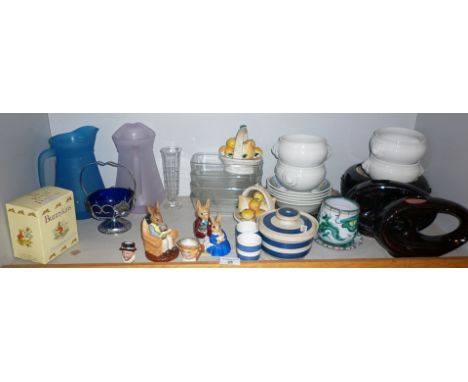 TG Green Cornishware egg cups, Royal Doulton Bunnykins figures and some glassware