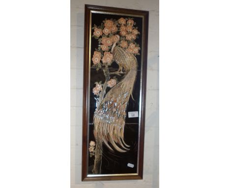 Three tube-lined ceramic tiles picture of a bird and flowers by Maw &amp; Co.