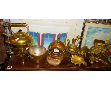 Scale model of a copper diver's helmet, Victorian brass kettle on stand and other brass