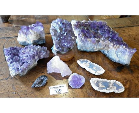 Group of amethyst geodes etc