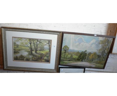 Colour print landscape with huntsmen and hounds by G.H.B. Holland and a David Dipnall colour print titled April Morning (with