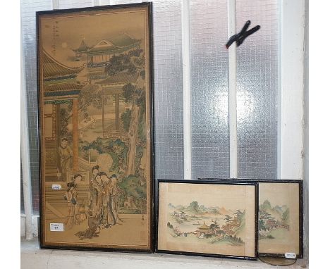 Chinese framed print and two small similar prints