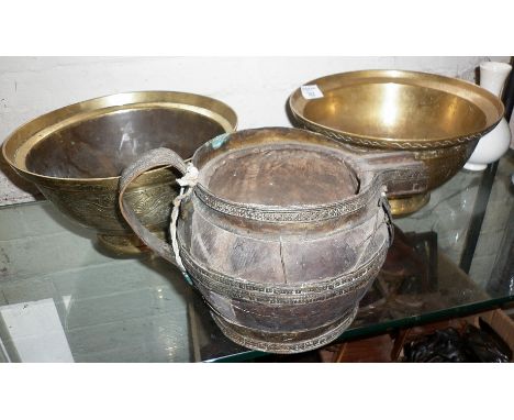 Pair large Chinese incised bronze bowls with seal marks together with a wooden metal mounted ethnic ewer