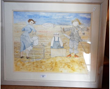 Contemporary watercolour of a scarecrow and figures in a field titled verso "Kippering Day" by Christine Tucker, dated 2002, 