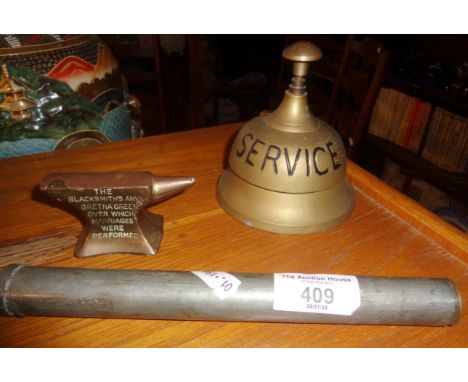Antique brass and rosewood diamond tip glass cutter by Sharratt &amp; Newton in metal tube, and a brass model of the anvil fr