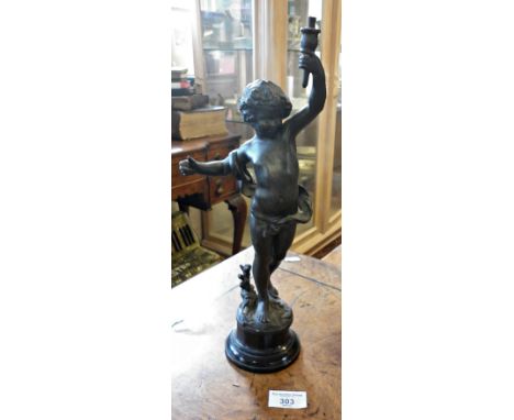 Victorian spelter figure of a putti with spill lamp, 14" high