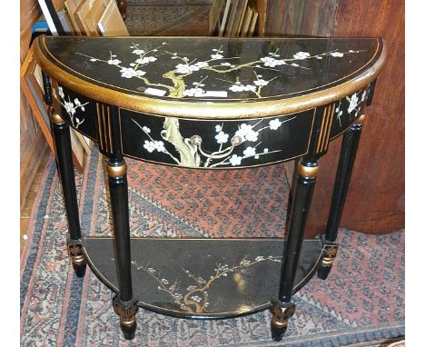 Black lacquered bow fronted two-tier console hall table with drawer and all over Japanese painted decoration