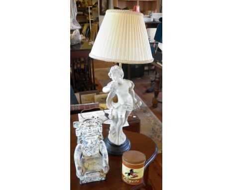Porcelain cupid lamp base, Aztec-style seated man and a Chiquito cigar tin