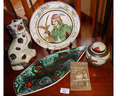Staffordshire fireside spaniel, Chinese crackle glaze ginger jar, Poole Pottery Delphis spear dish and a Royal Doulton plate 