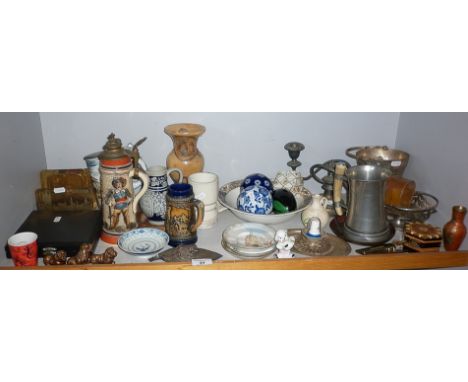 Shelf of assorted china and metalware inc. Steins, pewter tankard, "carpet" bowls, etc.