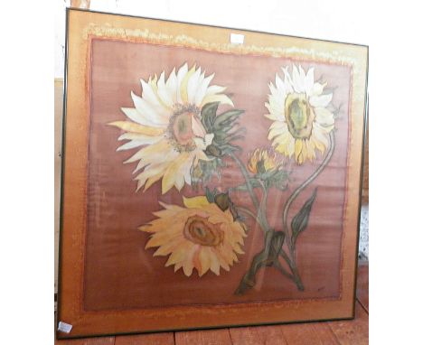 Large colour print on fabric of sunflowers, signed Helena, 36" x 37"
