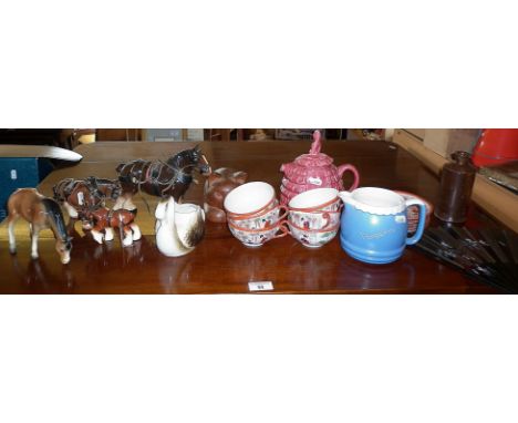 Japanese tea cups and saucers, crinoline lady teapot, china horses, etc.