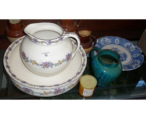 Jug and basin (for Harrods) blue and white transfer platter (bee keeper pattern) and four jugs (A/F)