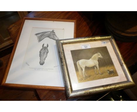 Small oil on card of a horse and dog in a stable and a print of a horse's head