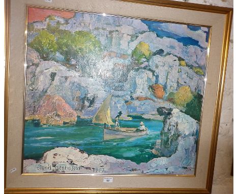 Dionis BENNHASSAR (1905-1967) colour print of a small fishing boat with two fishermen in a rocky cove, 78cm x 88cm (32" x 35"